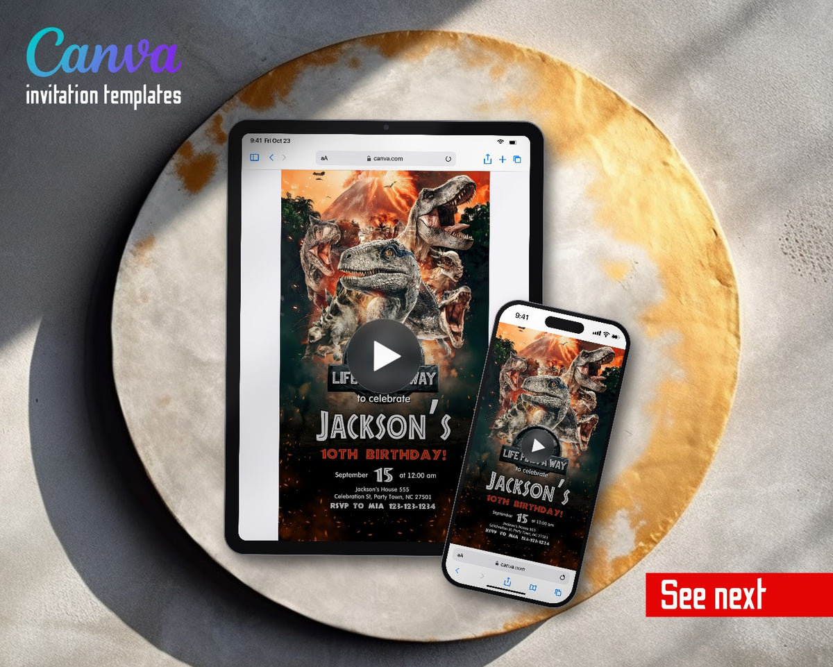 Jurassic World Dinosaur Volcano Life Finds Way Video Birthday Invitation | Animated Evite | Editable Canva