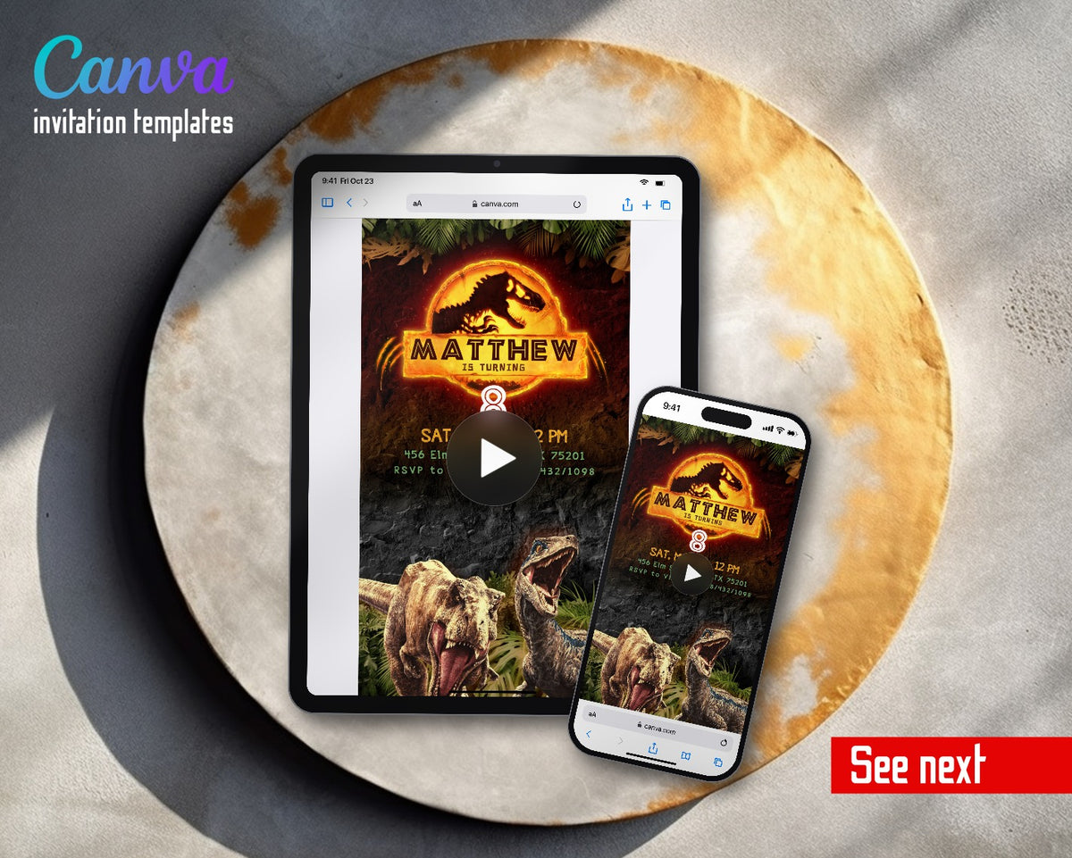Jurassic World Dinosaur Glowing Orange Logo Jungle Video Birthday Invitation | Animated Evite | Editable Canva