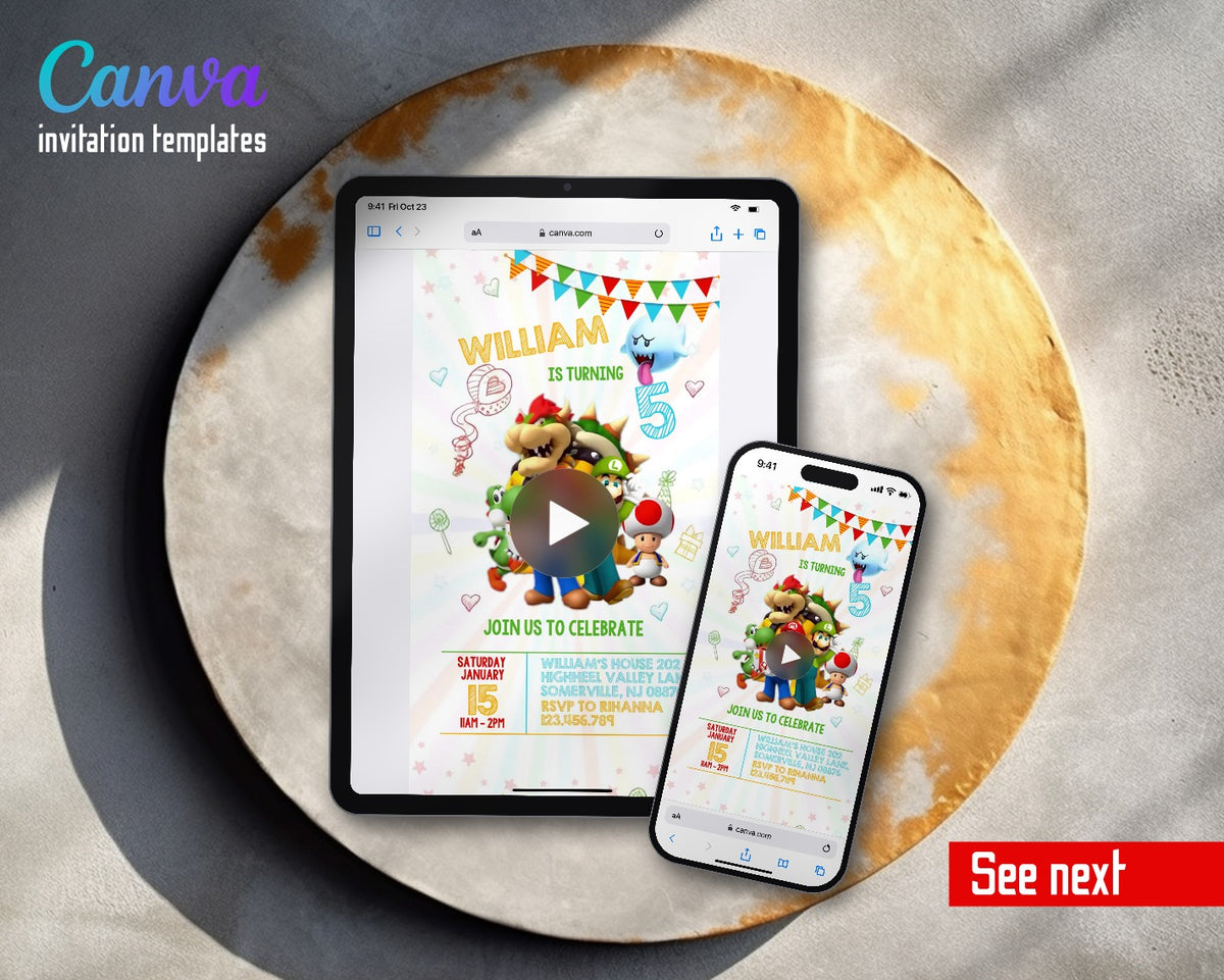 Super Mario Bros White Rays Yellow Name Video Birthday Invitation | Animated Evite | Editable Canva