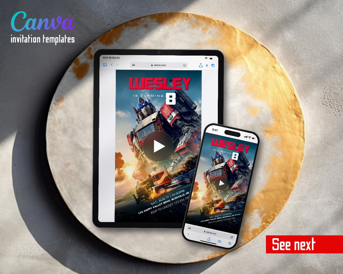 Transformers Rescue Bots Optimus Prime Movie Poster Video Birthday Invitation | Animated Evite | Editable Canva