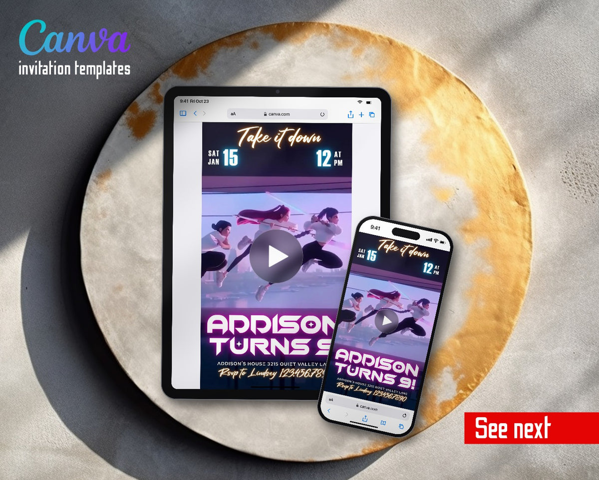 K-pop Demon Hunter Sword Fight Take Down Video Birthday Invitation | Animated Evite | Editable Canva