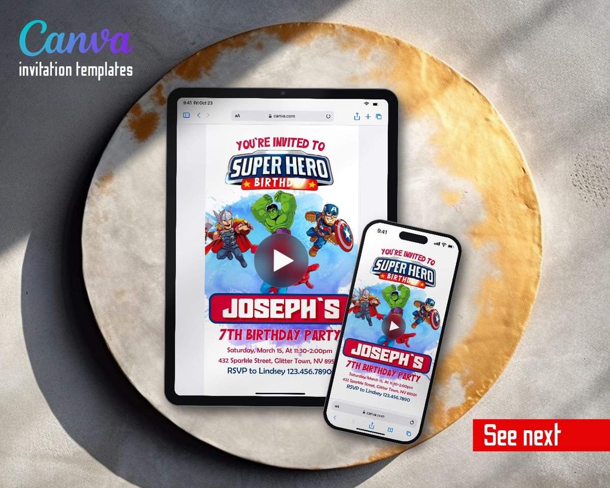Avengers Chibi Heroes Blue Banner Video Birthday Invitation | Animated Evite | Editable Canva