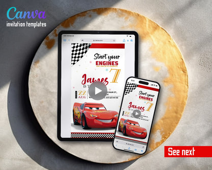 Cars Lightning McQueen Start Your Engines Close Video Birthday Invitation | Animated Evite | Editable Canva
