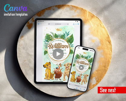 Lion King Simba Gold Ring Palm Leaves Video Birthday Invitation | Animated Evite | Editable Canva