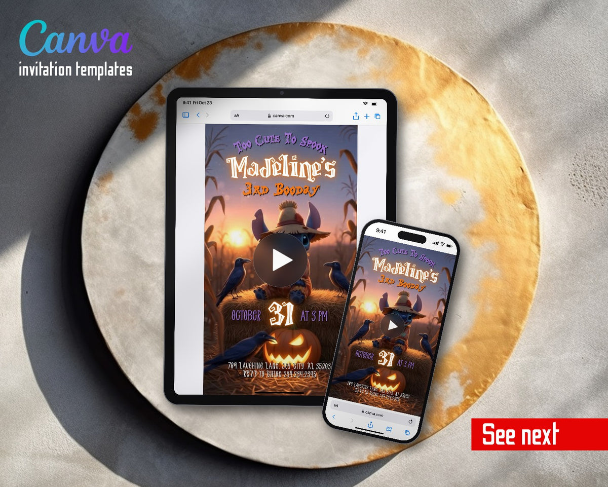 Stitch Hall Scarecrow Sunset Video Birthday Invitation | Animated Evite | Editable Canva
