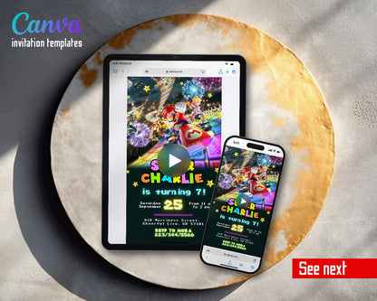 Mario Kart Rainbow Road Fireworks Video Birthday Invitation | Animated Evite | Editable Canva