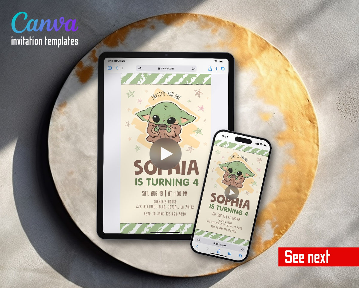 Baby Yoda Grogu Star Wars Mandalorian Sipping Cup Video Birthday Invitation | Animated Evite | Editable Canva