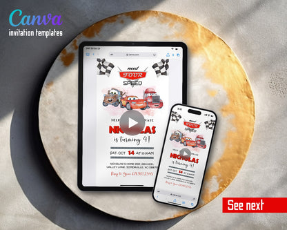 Cars Lightning Mcqueen Four Need Speed Flags Video Birthday Invitation | Animated Evite | Editable Canva