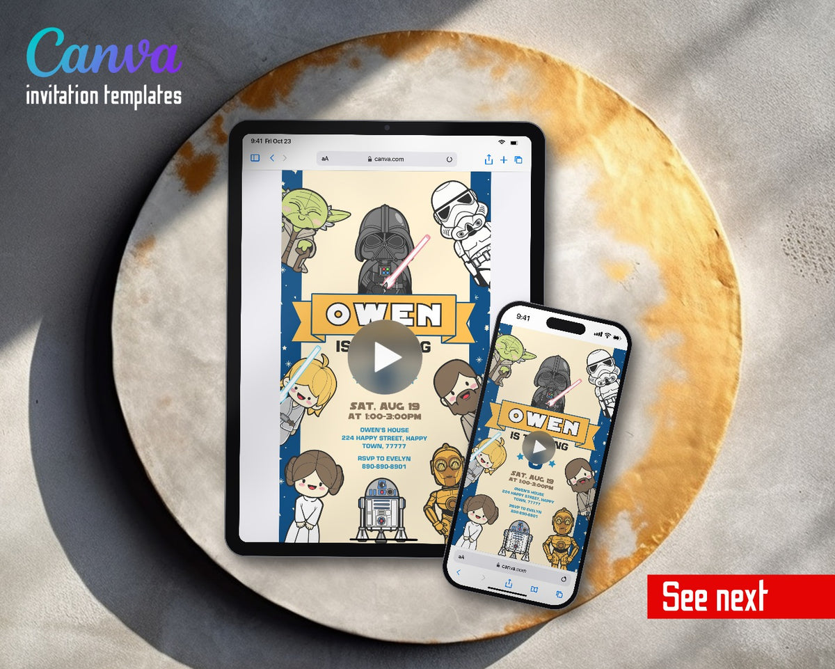 Starwars Kawaii Star Wars Blue Video Birthday Invitation | Animated Evite | Editable Canva