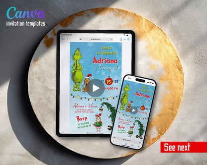 The Grinch Merry Grinchmas Snowy Max Cindy Lou Video Birthday Invitation | Animated Evite | Editable Canva