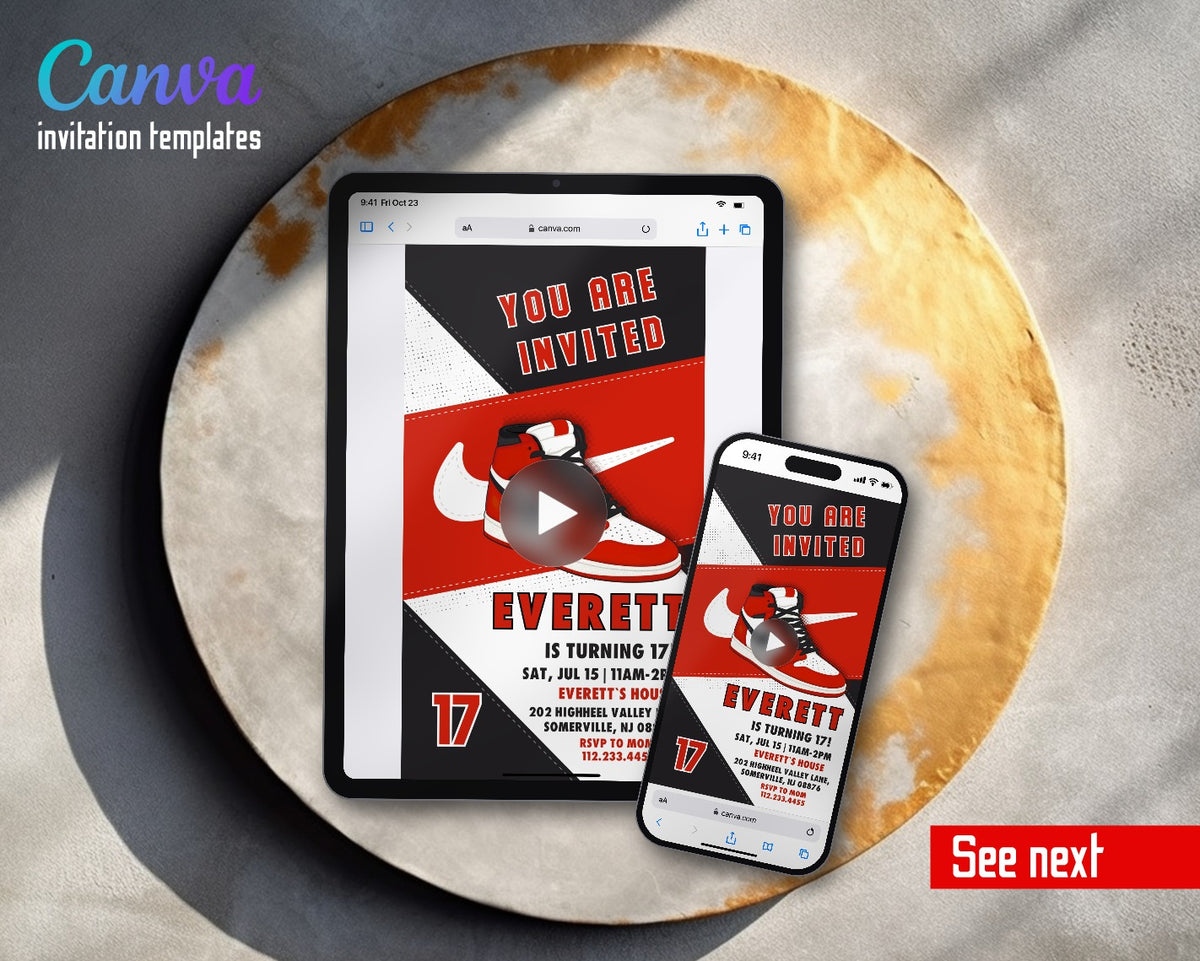 Sneaker Ball Air Jordan Nike Red Angle Video Birthday Invitation | Animated Evite | Editable Canva