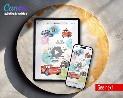 Cars Lightning McQueen Watercolor Splash Radiator Video Birthday Invitation | Animated Evite | Editable Canva