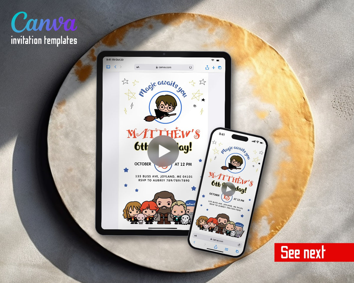 Harry Potter Chibi Broomstick Circle Video Birthday Invitation | Animated Evite | Editable Canva