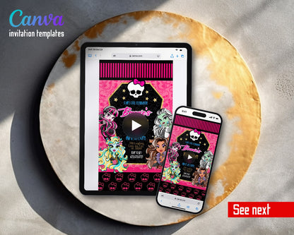 Monster High Coffin Frame Skull Pattern Video Birthday Invitation | Animated Evite | Editable Canva