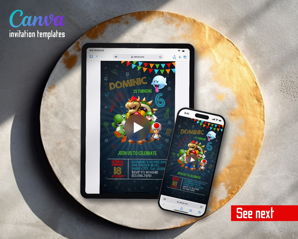 Super Mario Bros Chalkboard Bowser Boo Video Birthday Invitation | Animated Evite | Editable Canva