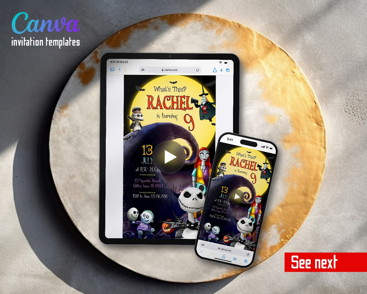The Nightmare Before Christmas Halloween Moon Hill Jack Close Up Video Birthday Invitation | Animated Evite | Editable Canva
