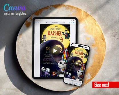 The Nightmare Before Christmas Halloween Moon Hill Jack Close Up Video Birthday Invitation | Animated Evite | Editable Canva
