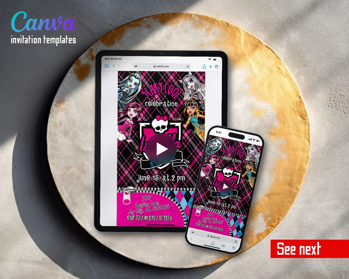 Monster High Zipper Plaid Skull Crest Video Birthday Invitation | Animated Evite | Editable Canva