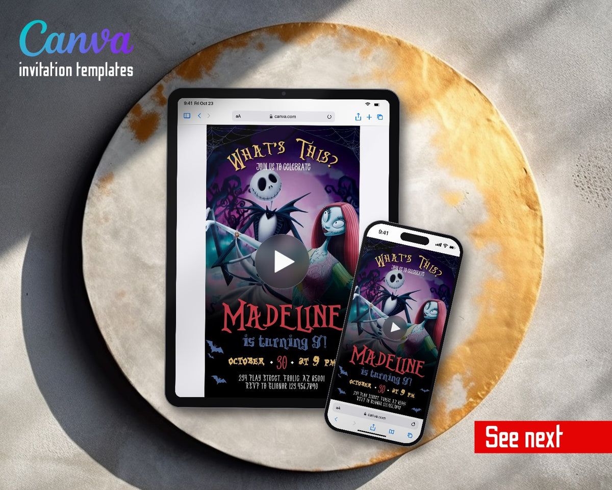 The Nightmare Before Christmas Halloween Purple Jack Sally Dance Video Birthday Invitation | Animated Evite | Editable Canva