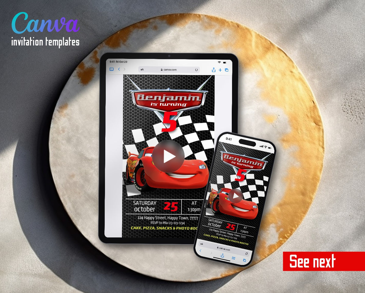Cars Lightning McQueen Black Mesh Logo Video Birthday Invitation | Animated Evite | Editable Canva