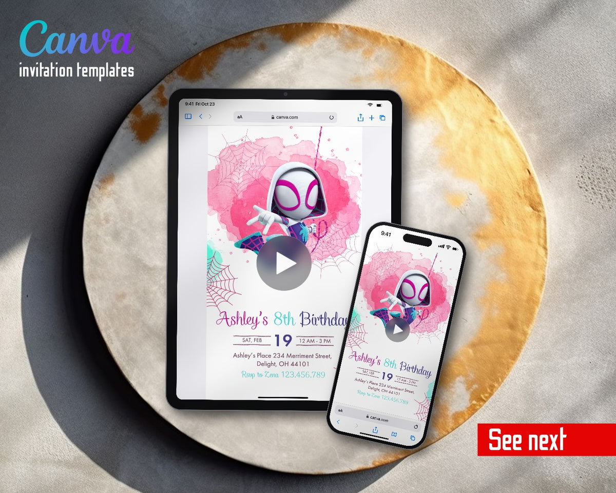 Spider Gwen Ghost Spidey Pink Splash Video Birthday Invitation | Animated Evite | Editable Canva