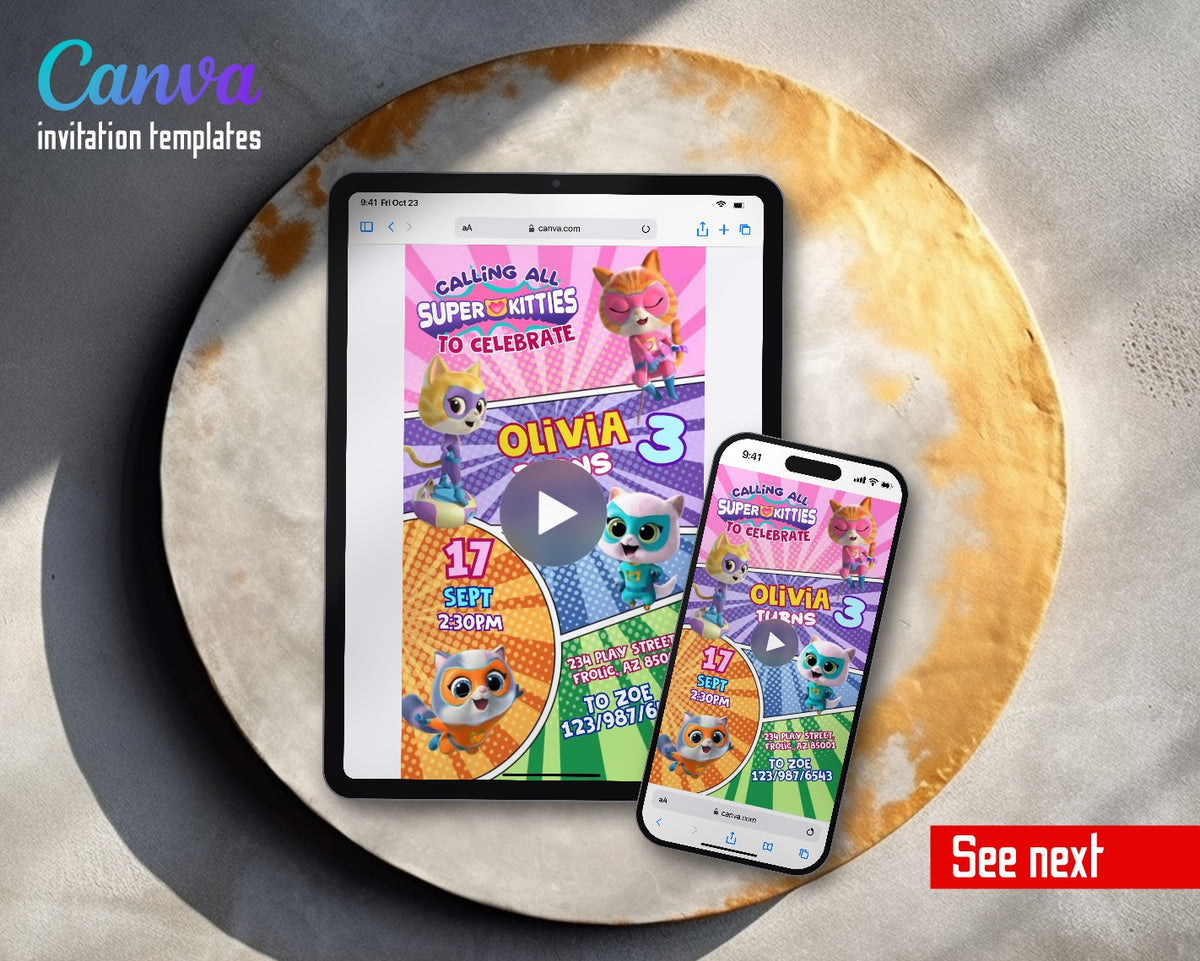 SuperKitties Pop Art Comic Panels Video Birthday Invitation | Animated Evite | Editable Canva