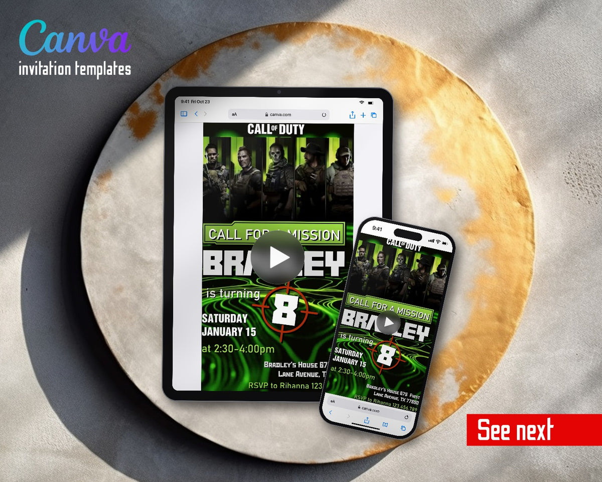 Call Of Duty Soldier Squad Green Video Birthday Invitation | Animated Evite | Editable Canva