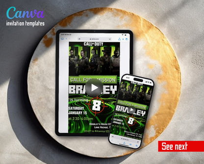 Call Of Duty Soldier Squad Green Video Birthday Invitation | Animated Evite | Editable Canva