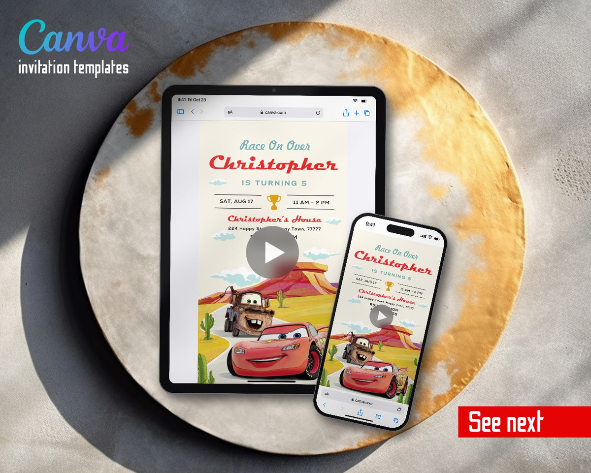 Cars Lightning McQueen Desert Road Mesa Video Birthday Invitation | Animated Evite | Editable Canva
