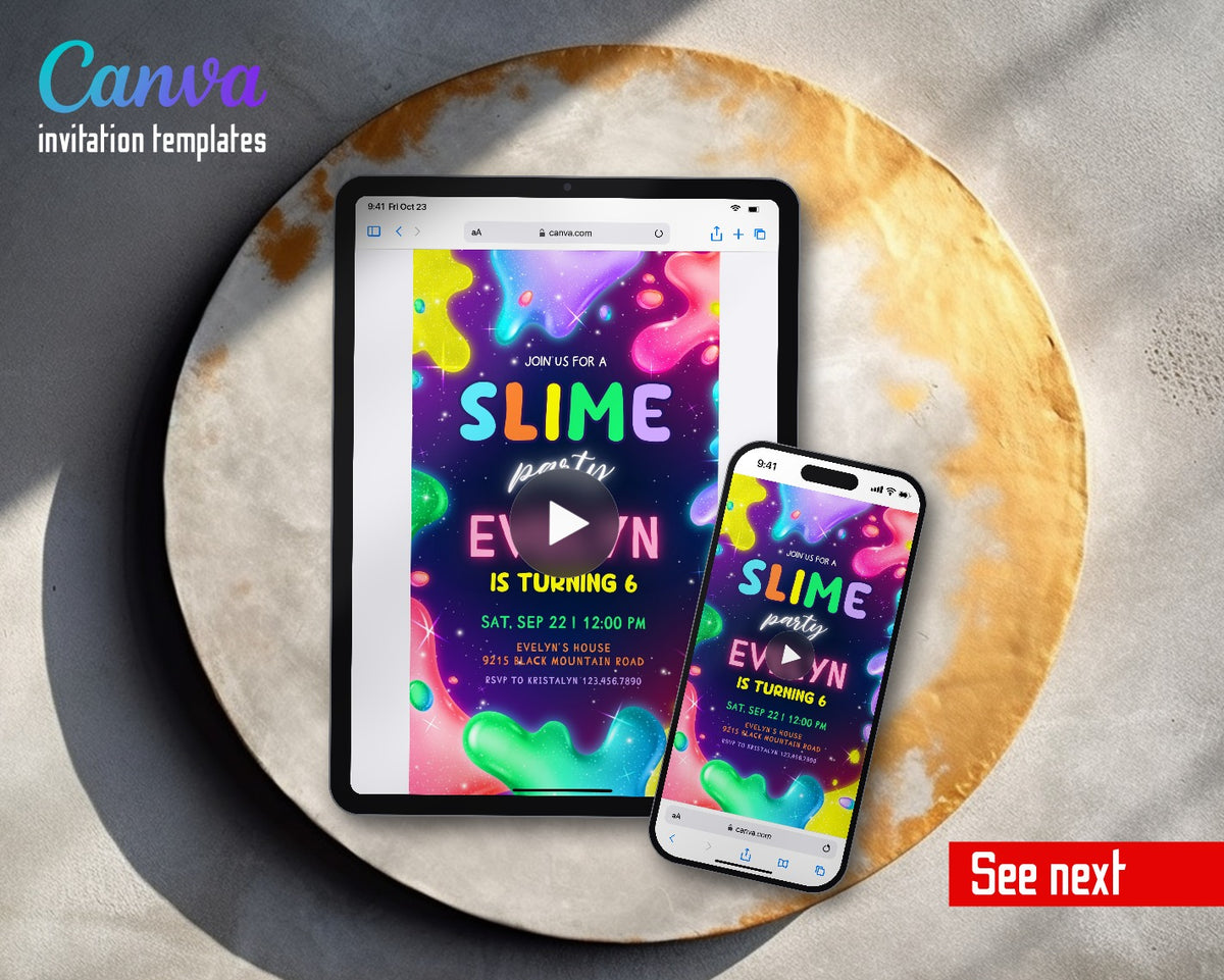 Slime Diy Party Neon Splash Video Birthday Invitation | Animated Evite | Editable Canva