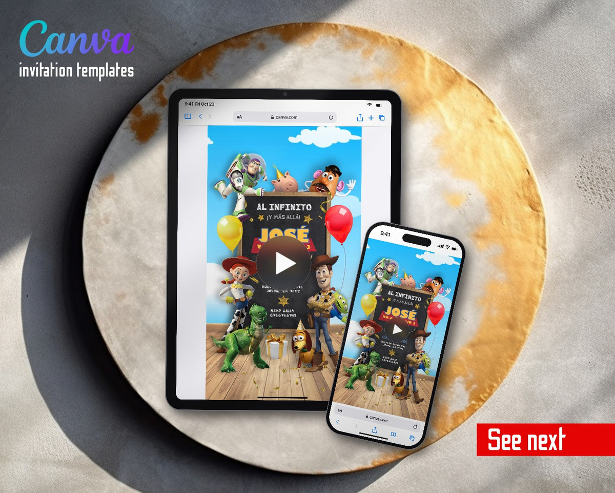 Toy Story Woody Buzz Lightyear Chalkboard Spanish Video Birthday Invitation | Animated Evite | Editable Canva