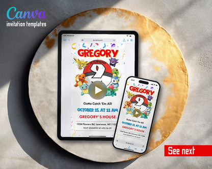 Pokemon Pikachu Big Pokeball Number Video Birthday Invitation | Animated Evite | Editable Canva