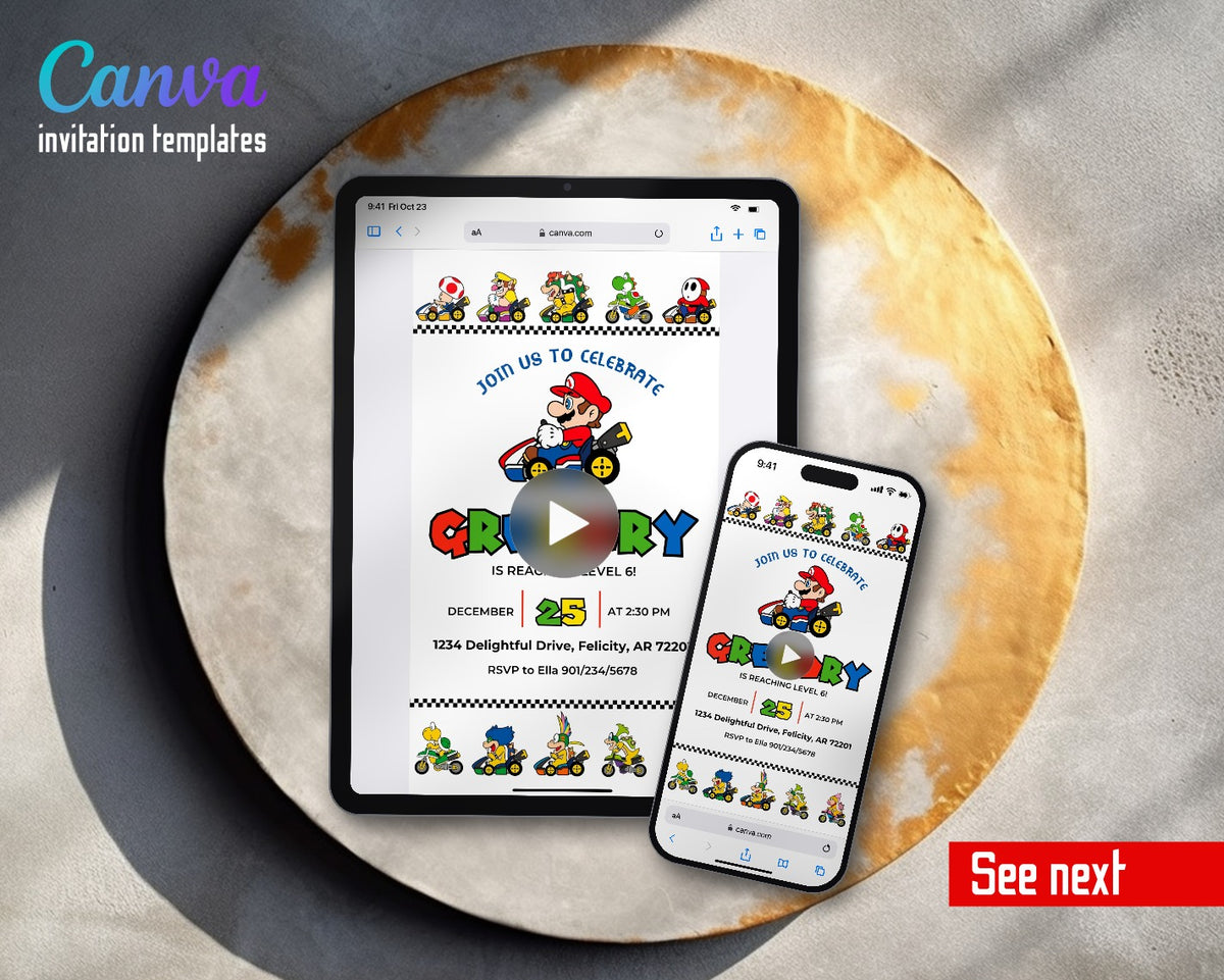 Mario Kart Racer Row Checkered Bands Video Birthday Invitation | Animated Evite | Editable Canva