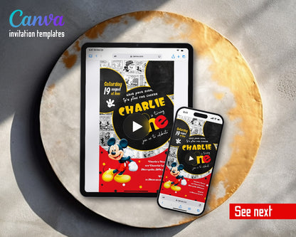Mickey Mouse 1st Birthday Comic Strip Ears Video Birthday Invitation | Animated Evite | Editable Canva