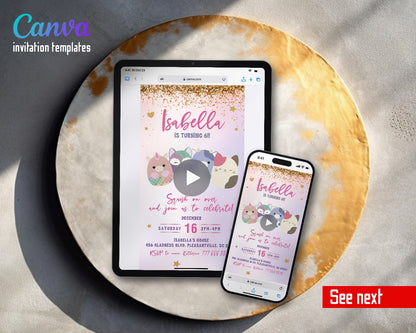 Squishmallows Lavender Cow Cat Quartet Video Birthday Invitation | Animated Evite | Editable Canva