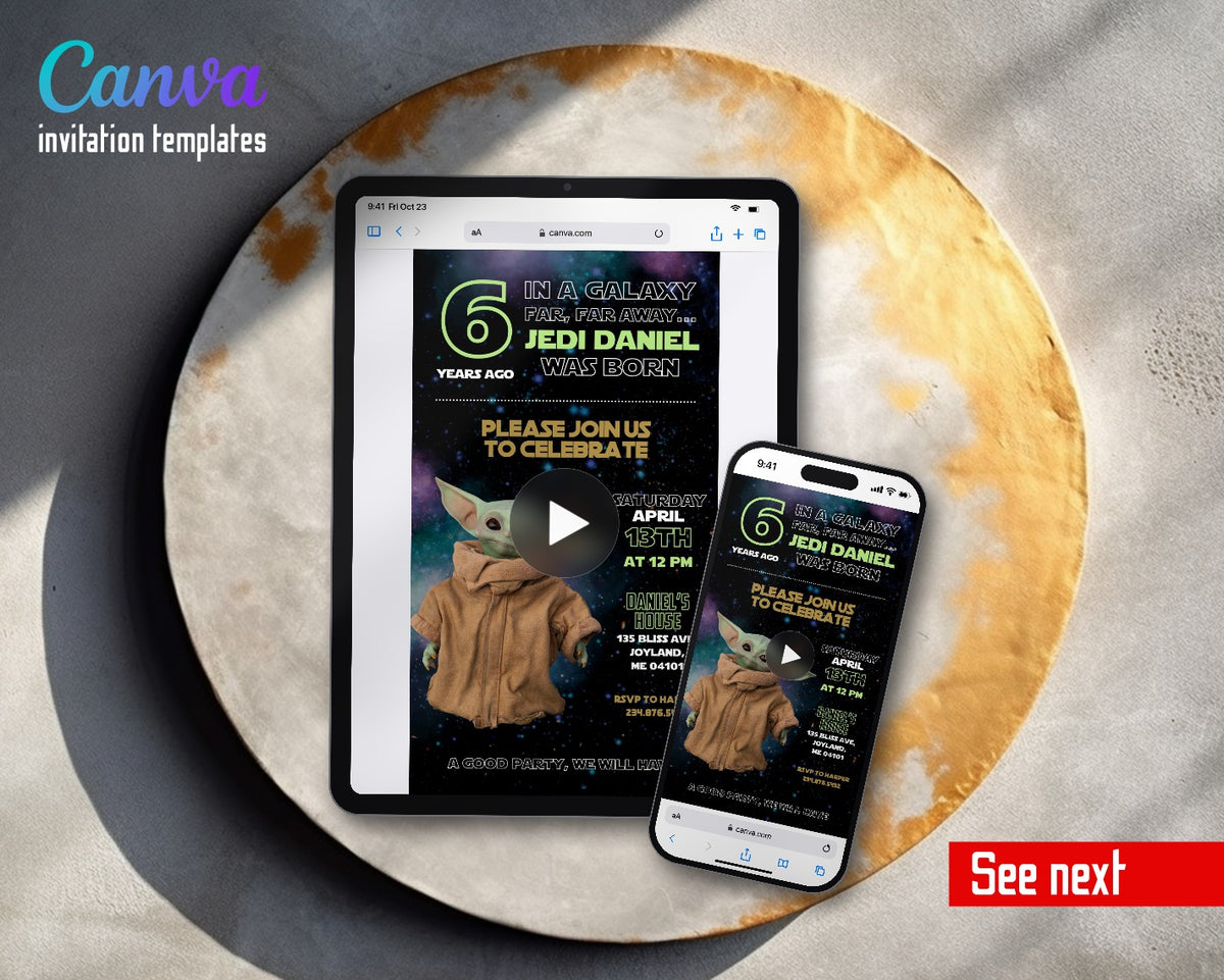 Baby Yoda Grogu Star Wars Mandalorian Jedi Space Video Birthday Invitation | Animated Evite | Editable Canva