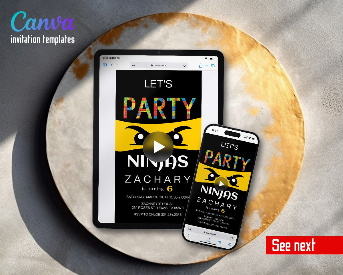 Lego Ninja Yellow Mask Eyes Video Birthday Invitation | Animated Evite | Editable Canva