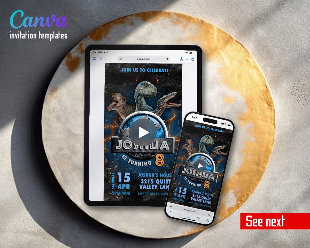 Jurassic World Dinosaur Blue Raptor Lava Cracks Video Birthday Invitation | Animated Evite | Editable Canva