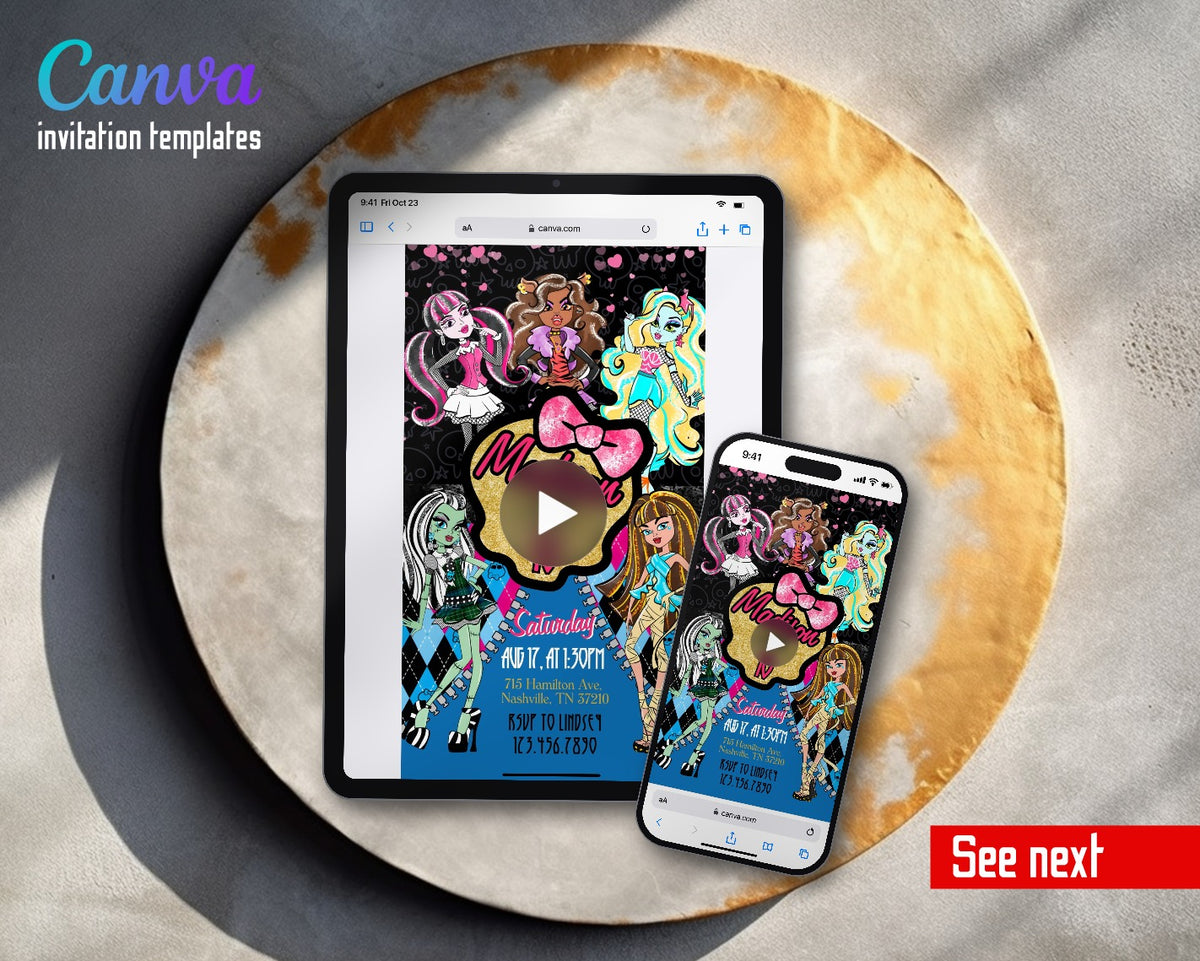 Monster High Gold Glitter Bow Dolls Video Birthday Invitation | Animated Evite | Editable Canva
