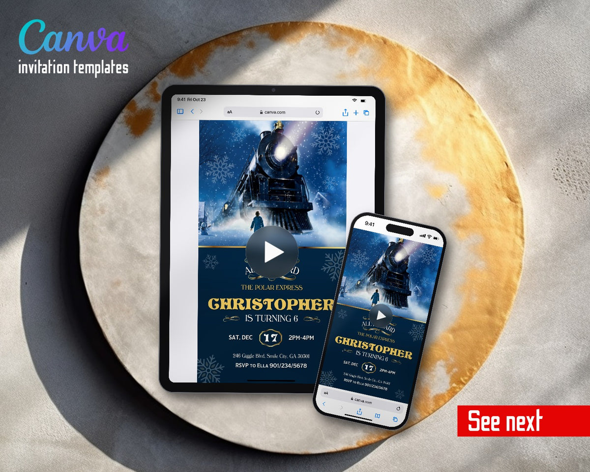 The Polar Express christmas Train Night Video Birthday Invitation | Animated Evite | Editable Canva