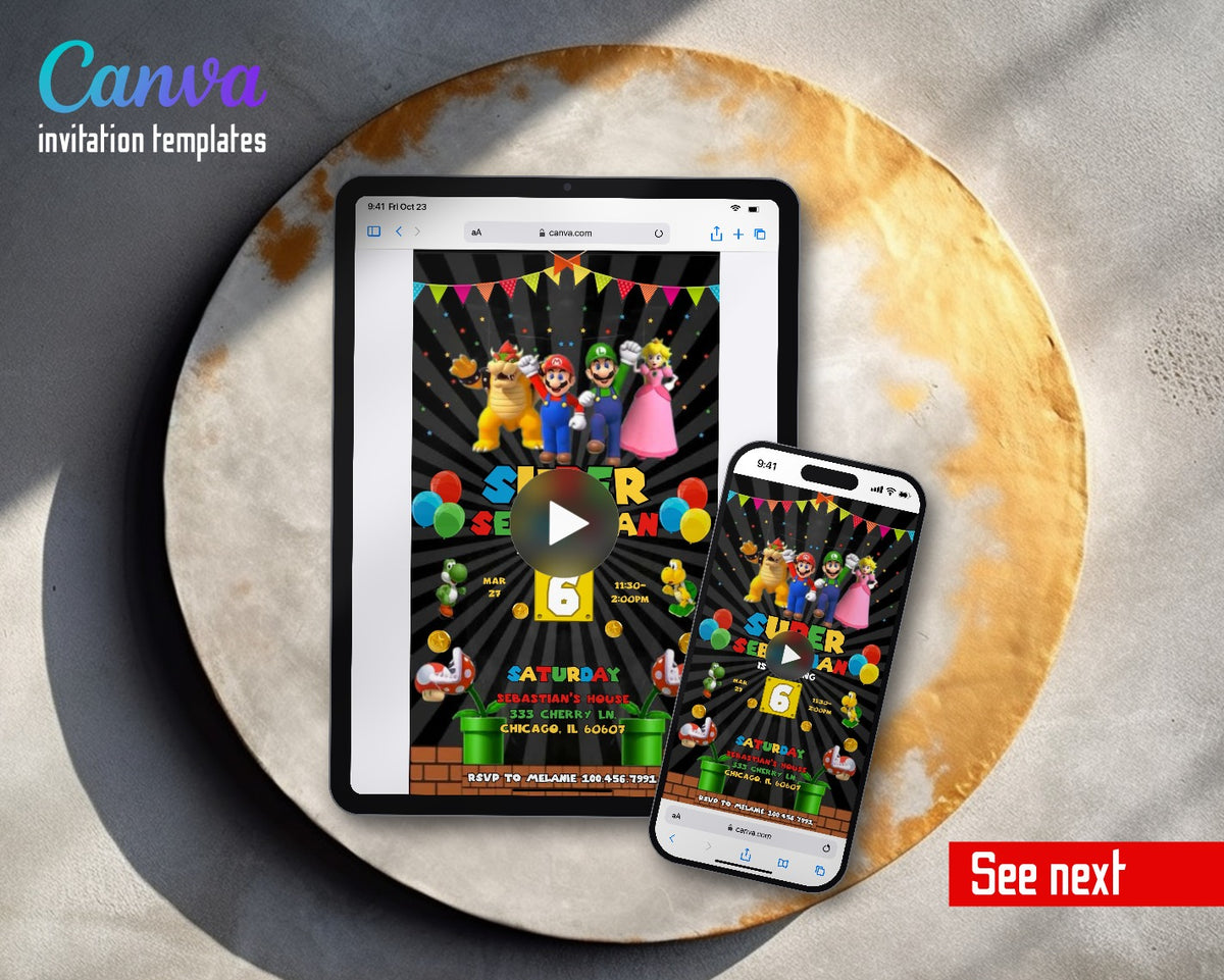 Super Mario Bros Black Sunburst Bunting Video Birthday Invitation | Animated Evite | Editable Canva