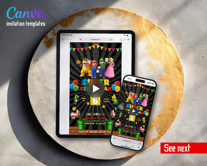 Super Mario Bros Black Sunburst Bunting Video Birthday Invitation | Animated Evite | Editable Canva