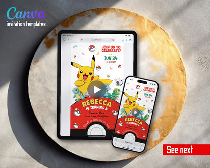 Pokemon Pikachu Pokeball Hill Friends Video Birthday Invitation | Animated Evite | Editable Canva