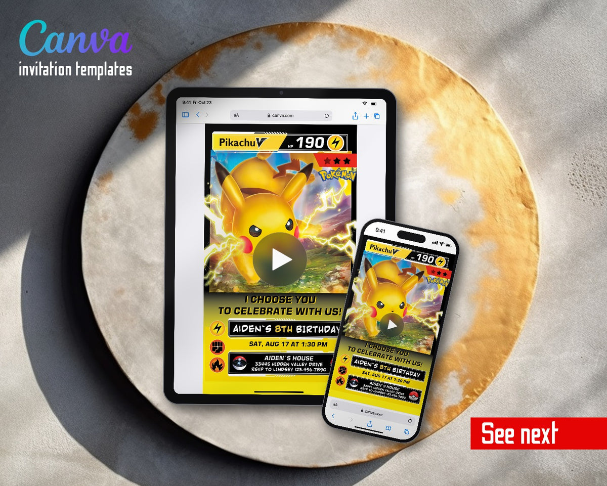 Pokemon Pikachu V Card Video Birthday Invitation | Animated Evite | Editable Canva