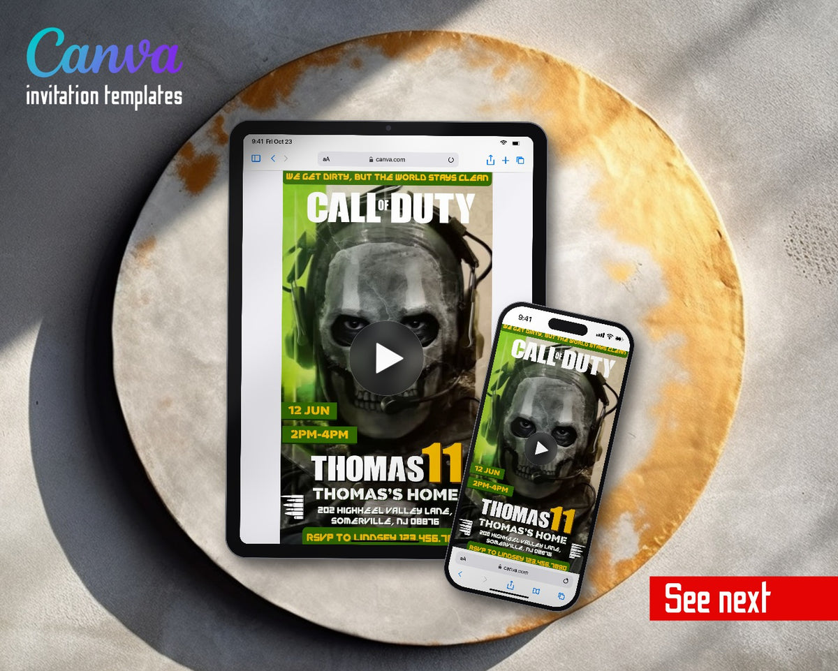 Call Of Duty Ghost Face Closeup Video Birthday Invitation | Animated Evite | Editable Canva