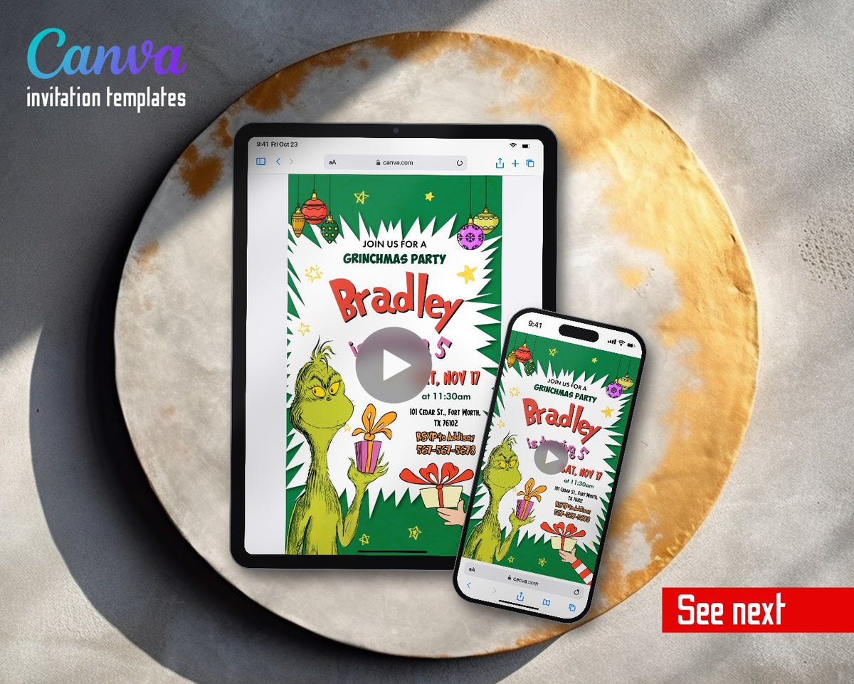 Dr Seuss How the Grinch Stole Christmas Green Starburst Gift Video Birthday Invitation | Animated Evite | Editable Canva