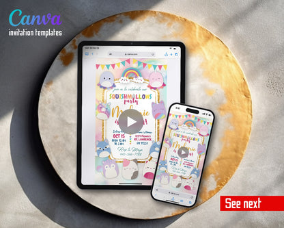 Squishmallows Pastel Plush Rainbow Video Birthday Invitation | Animated Evite | Editable Canva