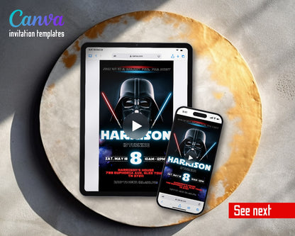 Darth Vader Neon Saber Video Birthday Invitation | Animated Evite | Editable Canva