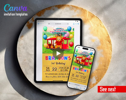 Daniel Tiger's Neighborhood Red Trolley Balloons Video Birthday Invitation | Animated Evite | Editable Canva