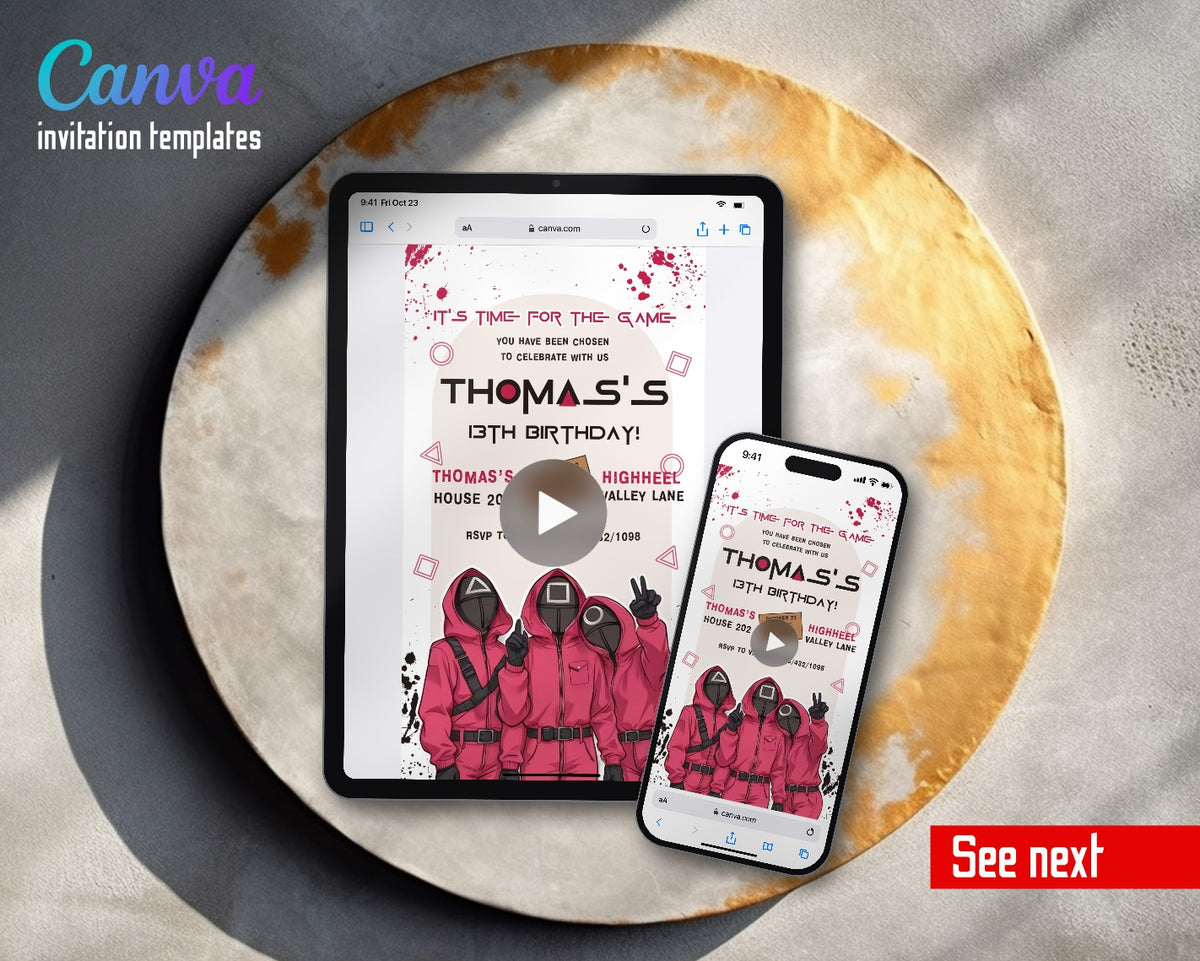 Squid Game Pink Guards Arch Panel Video Birthday Invitation | Animated Evite | Editable Canva